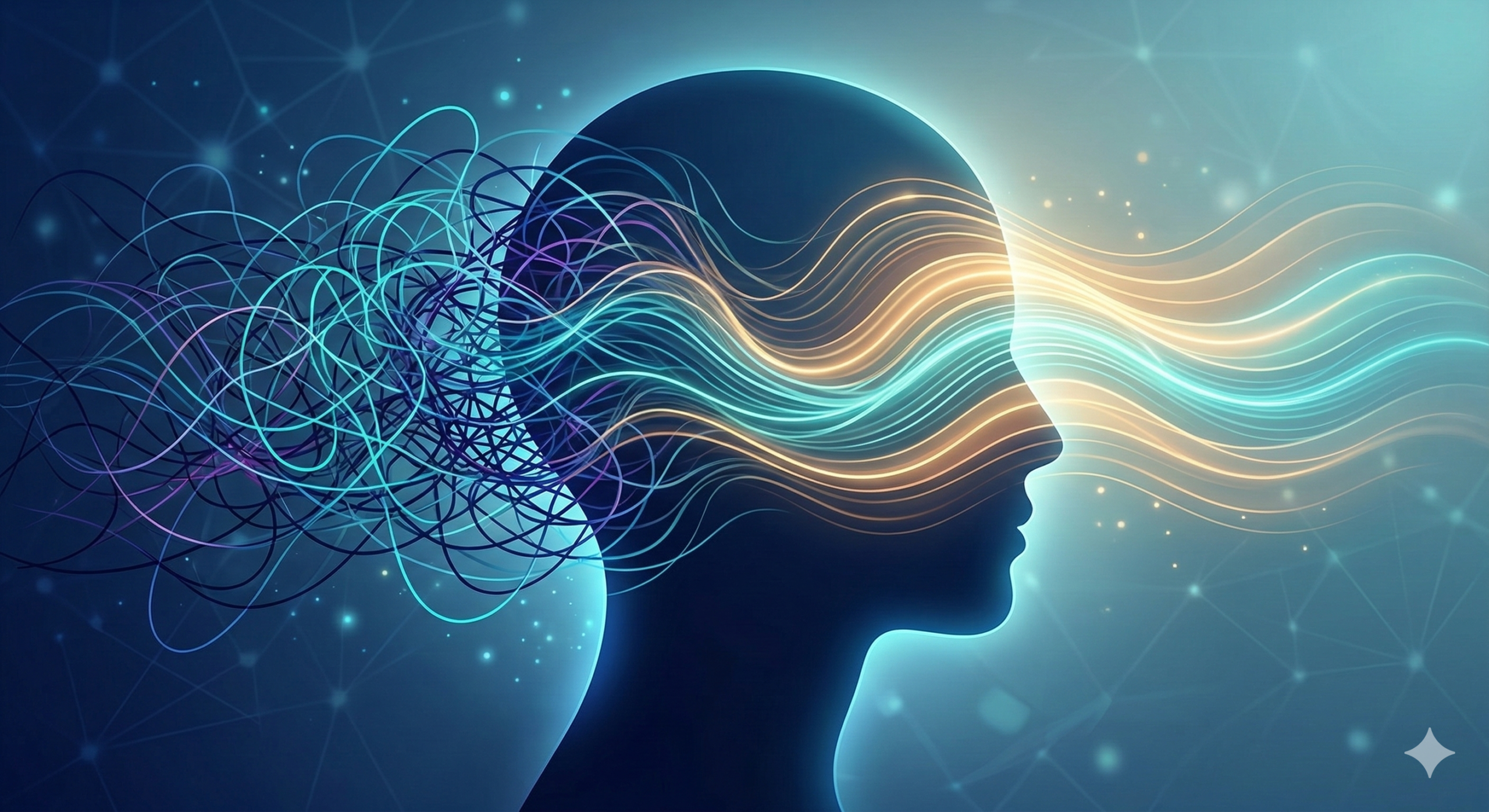 Abstract silhouette of a head where a tangled web of blue lines transforms into smooth, glowing golden waves, symbolizing the shift from chaotic distraction to deep mental clarity.