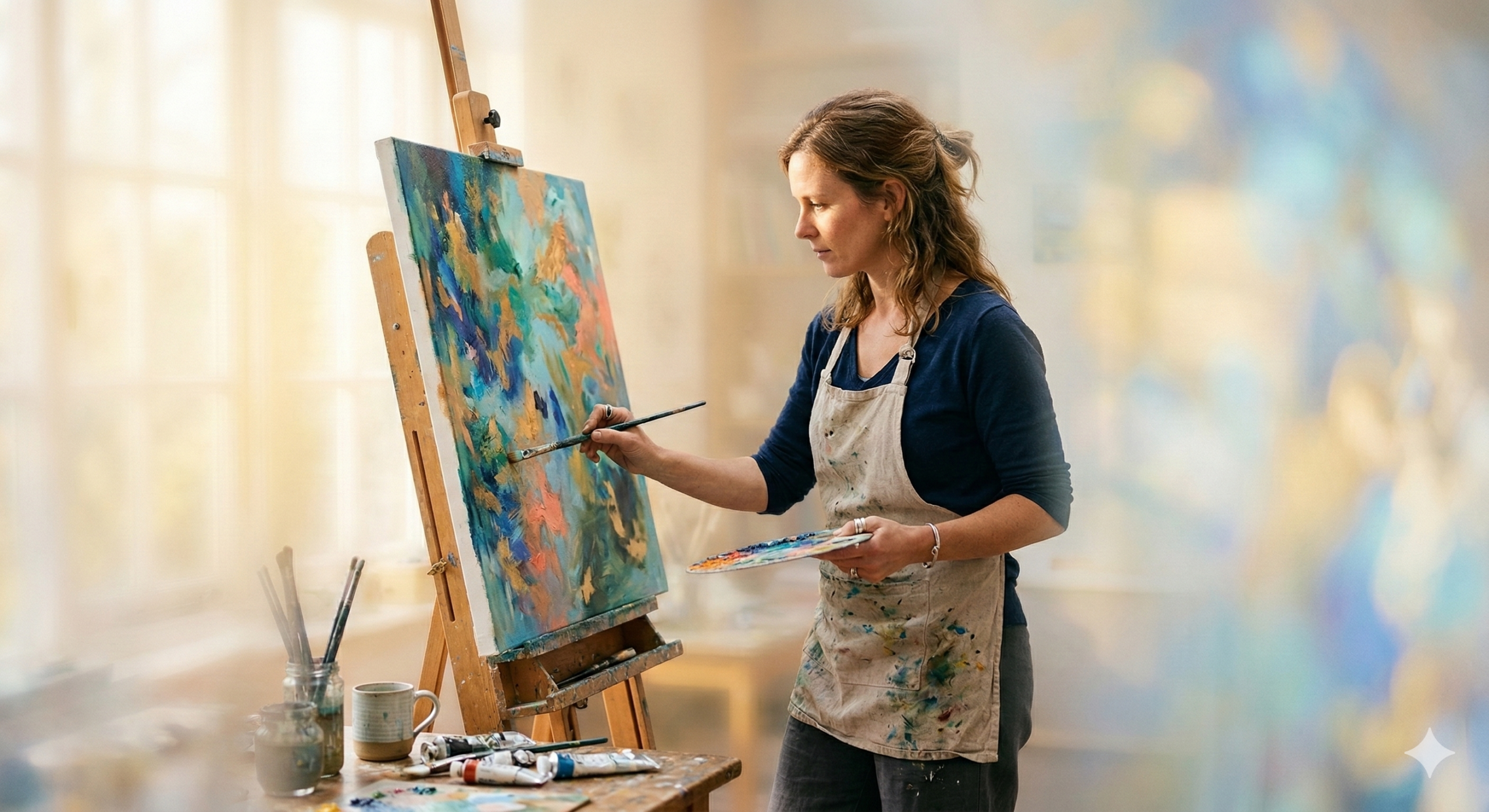A female artist in a paint-splattered apron deeply focused on painting an abstract canvas. The edges of the sunlit studio dissolve into a soft, glowing wash of colors, symbolizing the deep immersion and creative trance of the flow state.