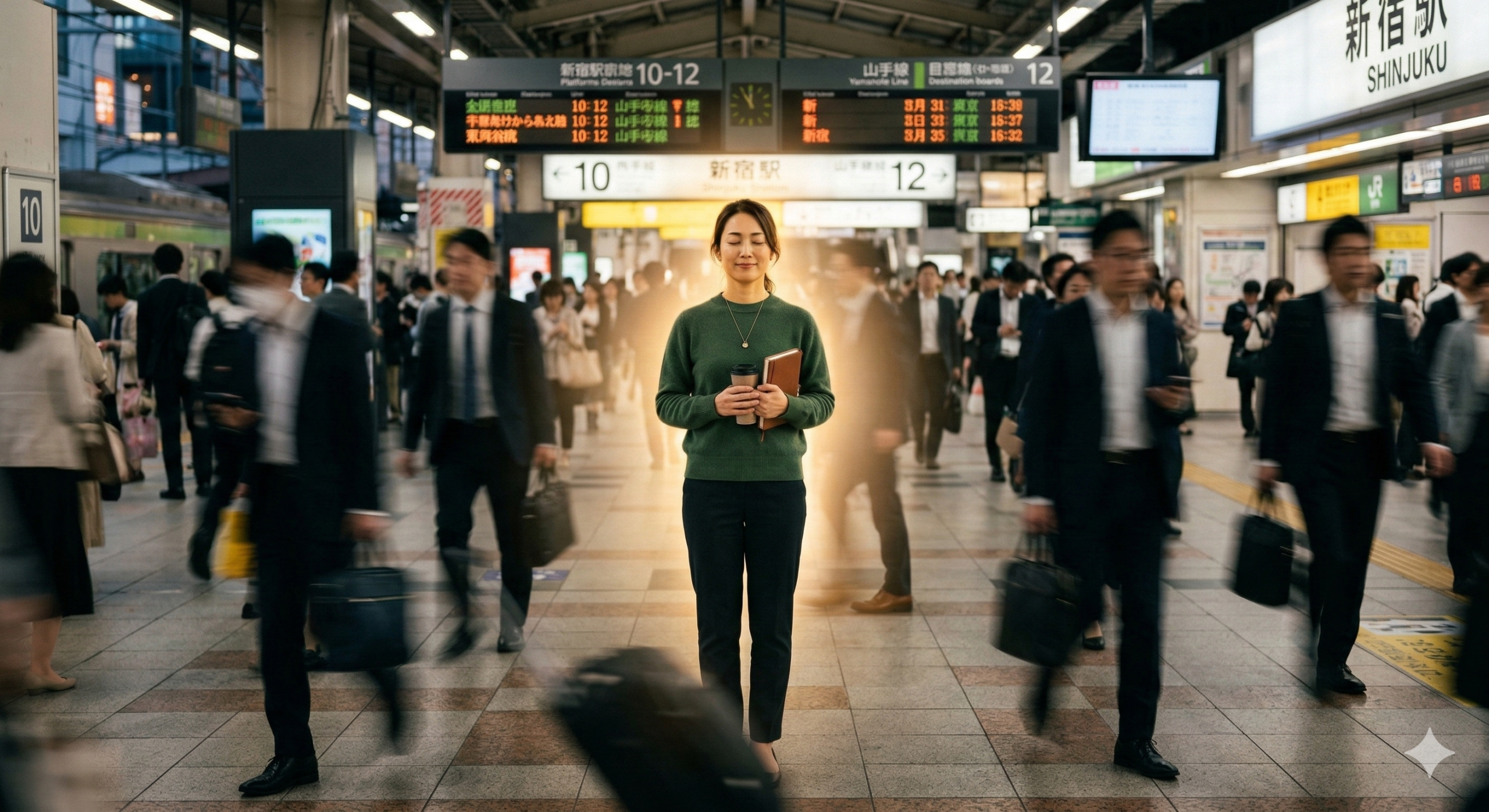 A serene woman experiencing a peaceful everyday trance, standing perfectly still with her eyes closed in a busy train station. A warm glow represents her internal focus and mindfulness while the chaotic crowd of commuters rushes past in a blur.