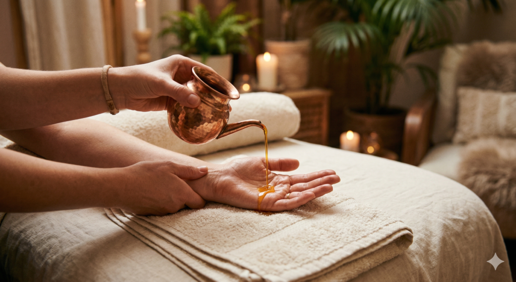 "Ayurvedic touch therapy for depression and intimacy: A practitioner gently pouring warm medicated oil from a copper pitcher into a patient's open hand to restore nervous system balance."