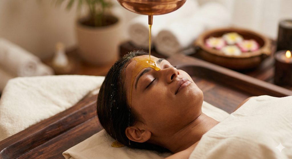 "Ayurvedic Shirodhara therapy for depression: Warm medicated oil being poured onto a woman's forehead to calm the mind, relieve anxiety, and soothe the nervous system."