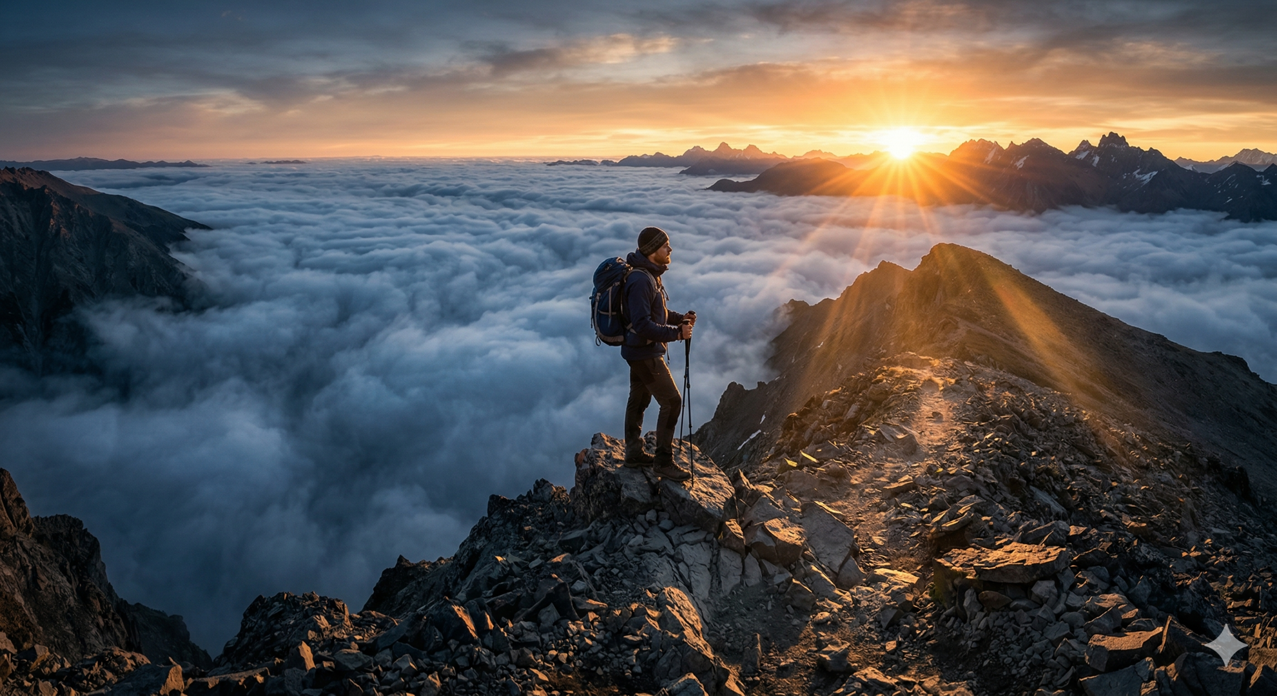 A profile view of a lone male hiker with a backpack and trekking poles standing on a rugged mountain peak. He looks out across a vast, endless sea of clouds that fills a mountain valley at sunrise, with a powerful golden sun low on the horizon casting warm light. The sky is golden and cool blue.